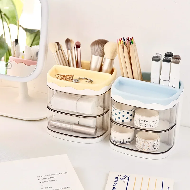 Practical Multi-Functional Desk Organizer Pen Holder Double Layers Rotating Pencils Storage Rack Student Cosmetics Storage Shelf