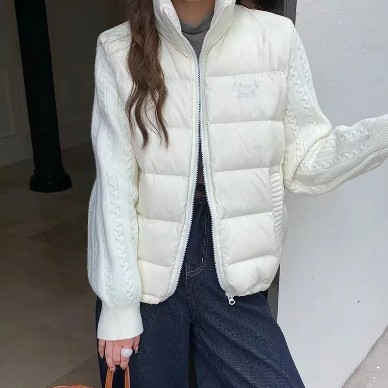 Winter Patchwork Parkas for Women Thick Warm Knitted Sleeve Splicing Puffy Coats Korean Loose Preppy Zipper Down Outwear New