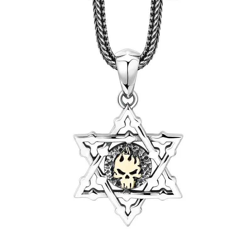 S925 Sterling Silver Pendants for Women Men Retro Relief Skull Pattern Hollow Hexagram Charm Punk Jewelry Amulet Wholesale