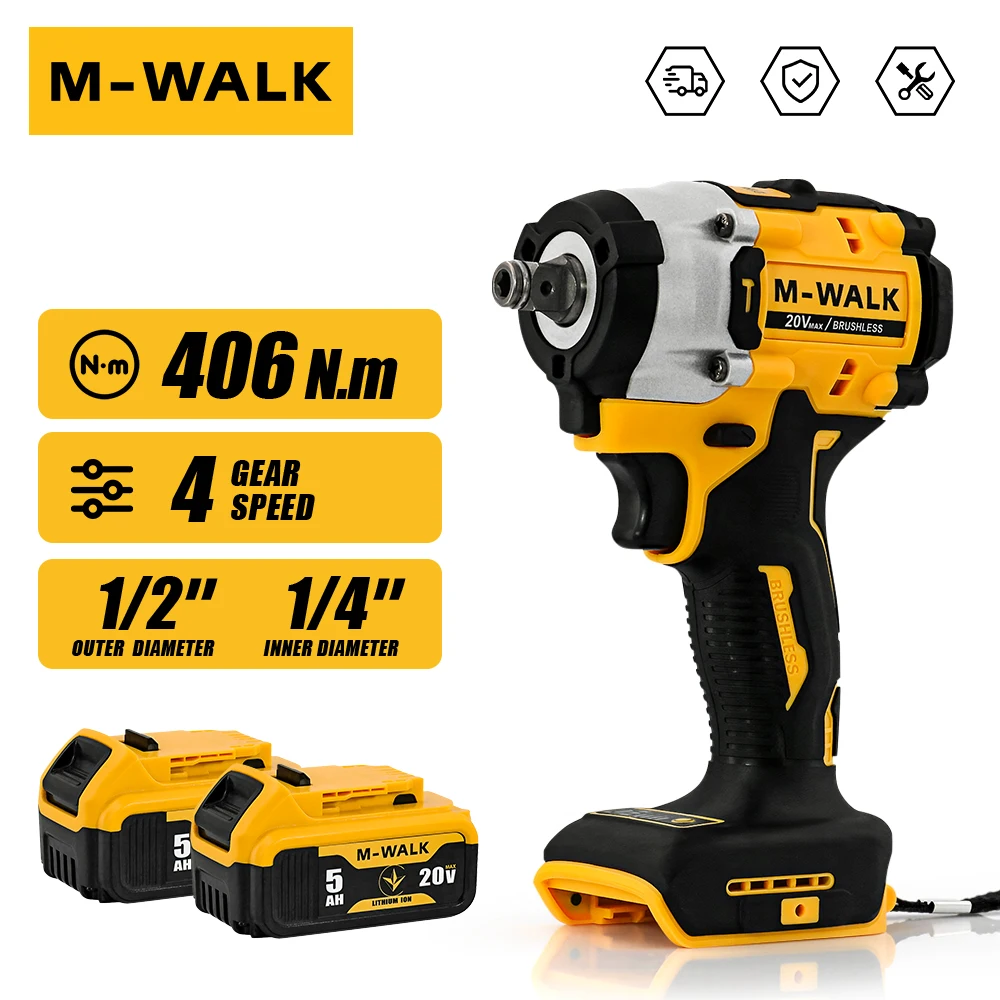 20V Brushless Impact Wrench 406N.m Rechargeable 1/2