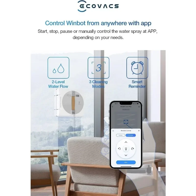 ECOVACS Winbot W1 Pro Window Cleaning Robot, Intelligent Cleaning, Dual Cross Water Spray Technology, Win SLAM 3.0 Path Planning