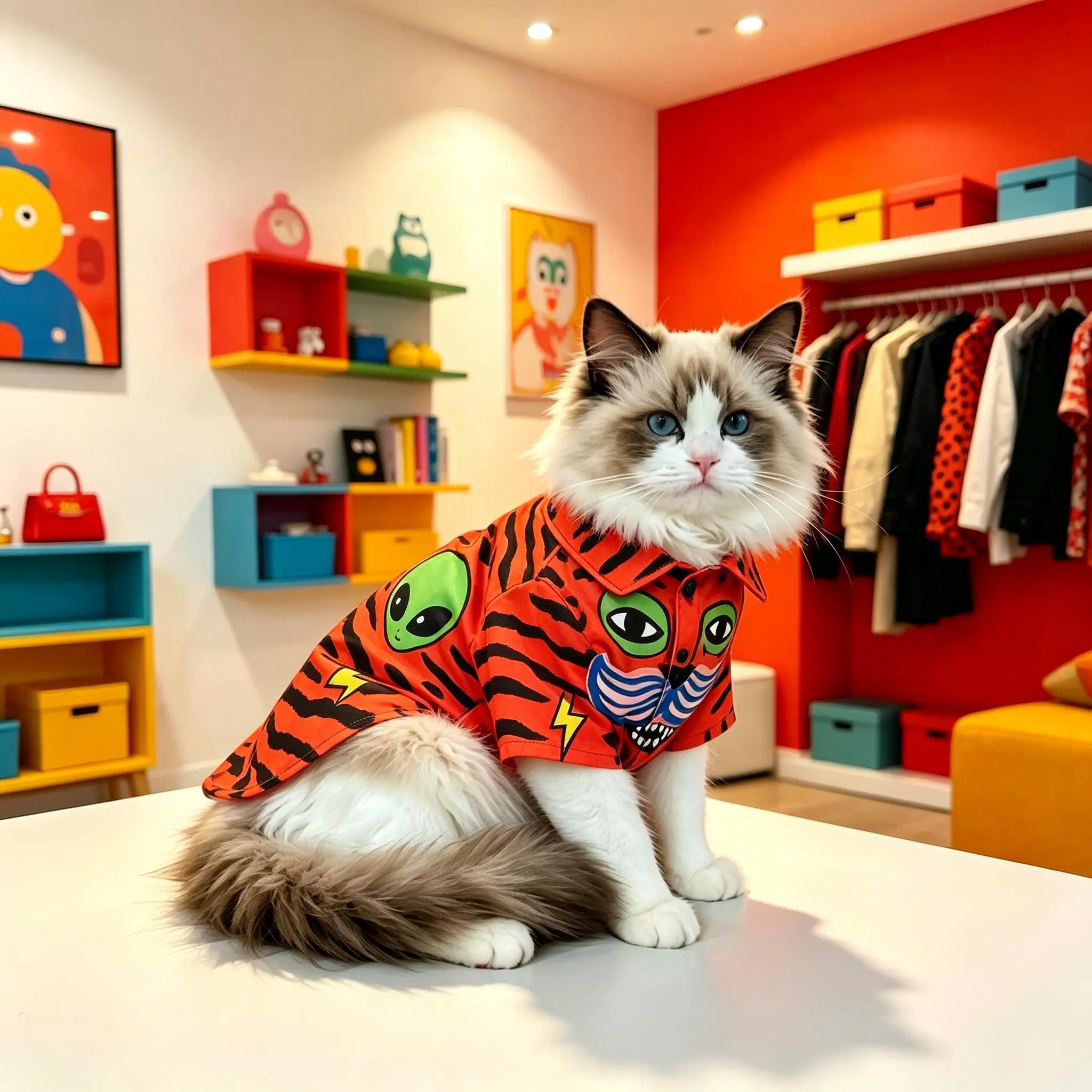 Pet Cat Shirt Black Red Graffiti Monster Eye Print Lightweight Button Up for Small Medium Cats Street Art Theme Daily Wear