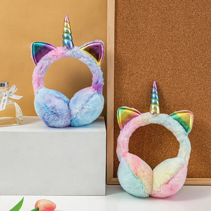 Colorful Unicorn Soft Plush Fluffy Earflap for Children Kids Winter Warm Plush Earmuffs with Cute Cat Ears Tie-dye Fur Hat