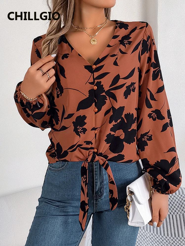 Chillgio Dames Elegante Blouse Casual V-Hals Lange Mouw Shirts Herfst Winter Chiffon Blouses Fasion Bedrukt Met Veters Top