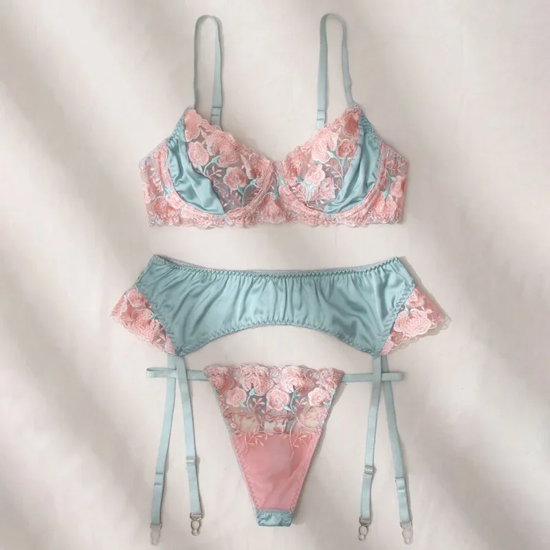 Toucheart مثير التطريز الملابس الداخلية مجموعة للنساء الدانتيل الزهور المرقعة شبكة انظر من خلال مثير الأربطة 3 قطعة الملابس الداخلية مجموعة جديد #3