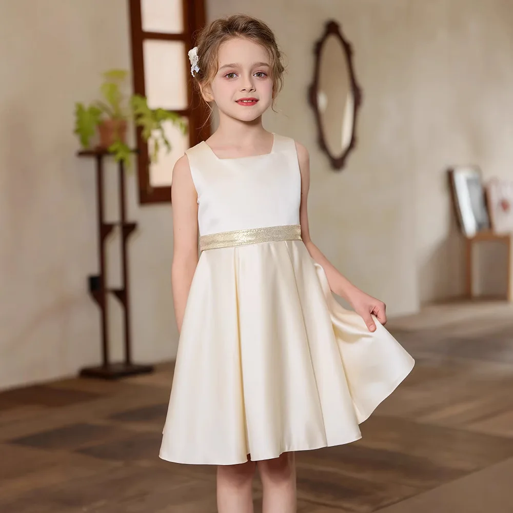 

Champagne Flower Girl Dresses for Wedding French Princess Evening Dress Girl's Sleeveless Satin Knee-length Birthday Party Gown