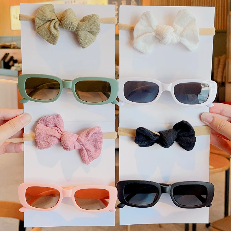 2Pcs/Set New Girls Vintage Frosted Rectangle Sunglasses Outdoor Summer Solid Color Bowknot Hairband Kids Lovely Hair Accessories