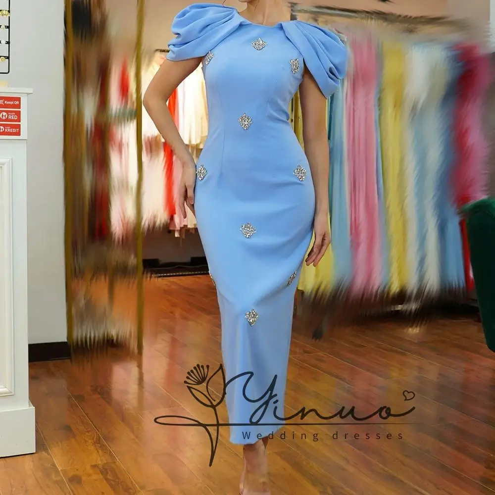 

customized Evening Dresses Tea-length O-neck Sleeveless Prom Gown Simple Fashion Crystal Stole Casual Party Gown