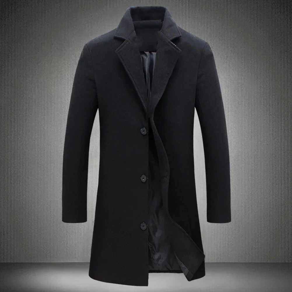 Autumn Winter Fashion Men\'s Woolen Coats Solid Color Single Breasted Lapel Long Coat Jacket Casual Overcoat Plus Size 5 Colors