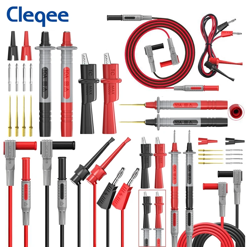 Cleqee P1308B 18pcs Multimeter Test Leads Kit with Replaceable Needles Alligator Clips 4mm Banana Plug to test Hook Clips Set