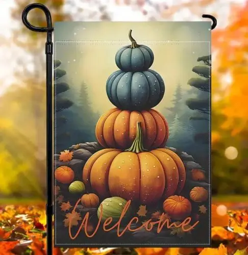 Halloween Fall Welcome Blue & Orange Stacked Pumpkins Burlap Garden Flag 12