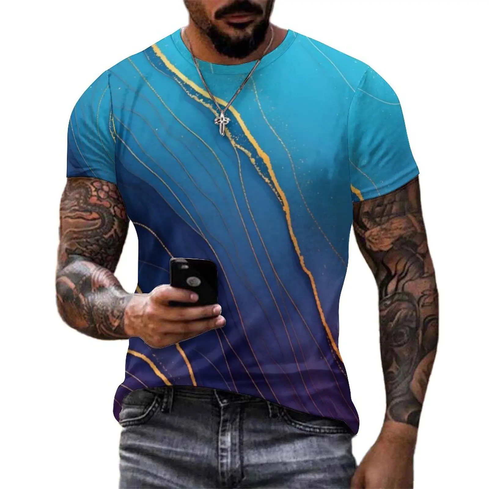 Blue Purple Gold Marble Art T-Shirt  Male Novelty T-Shirts Beach Graphic Tees Short Sleeves Streetwear Oversize Clothing Gift
