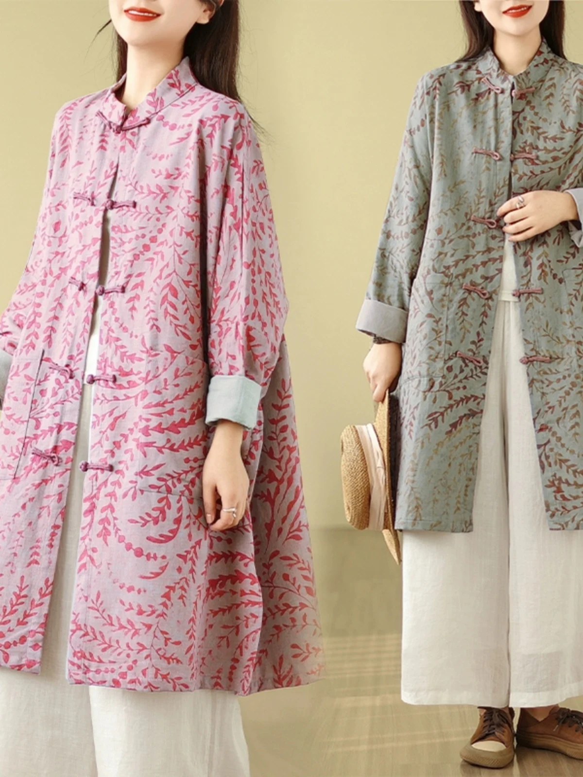 เสื้อโค้ทผู้หญิงสไตล์จีนแบบใหม่ ทรงหลวม แขนยาว ติดกระดุม ลายดอกไม้สไตล์วินเทจ สำหรับฤดูใบไม้ผลิ ไซส์ใหญ่