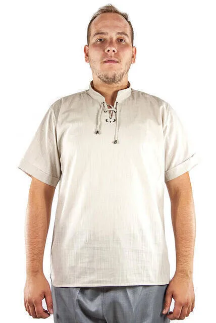 

IQRAH Crew Neck Casual Cut Short Sleeve Linen Shirt-Cream