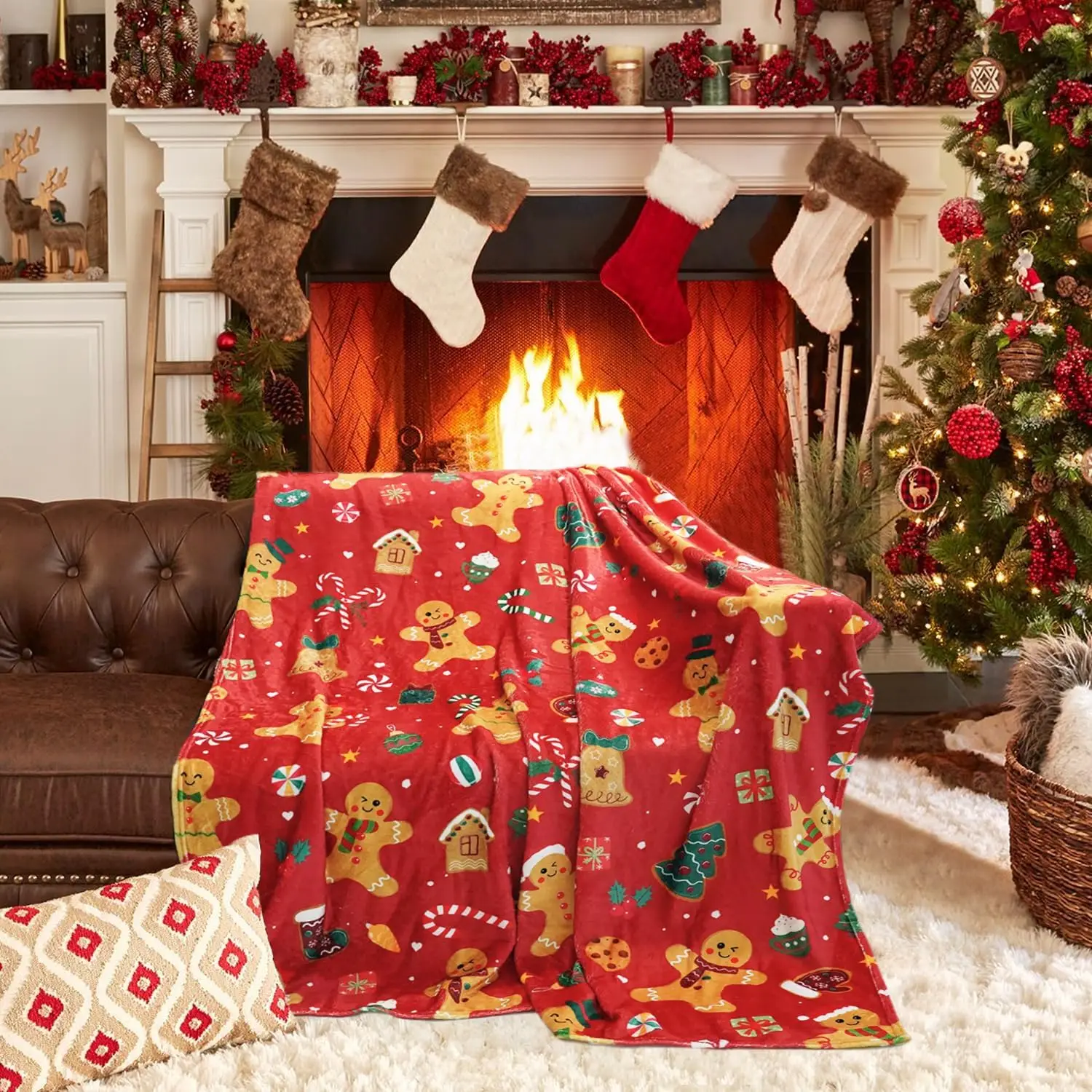Red Christmas Blanket 50x60In,Flannel Blankets Warm and Soft, Gingerbread Blanket Throw is The Best Gift for Boys,Girls,Adults,Women and Family at Christmas,Suitable for Christmas Sofa Bed Home Decor
