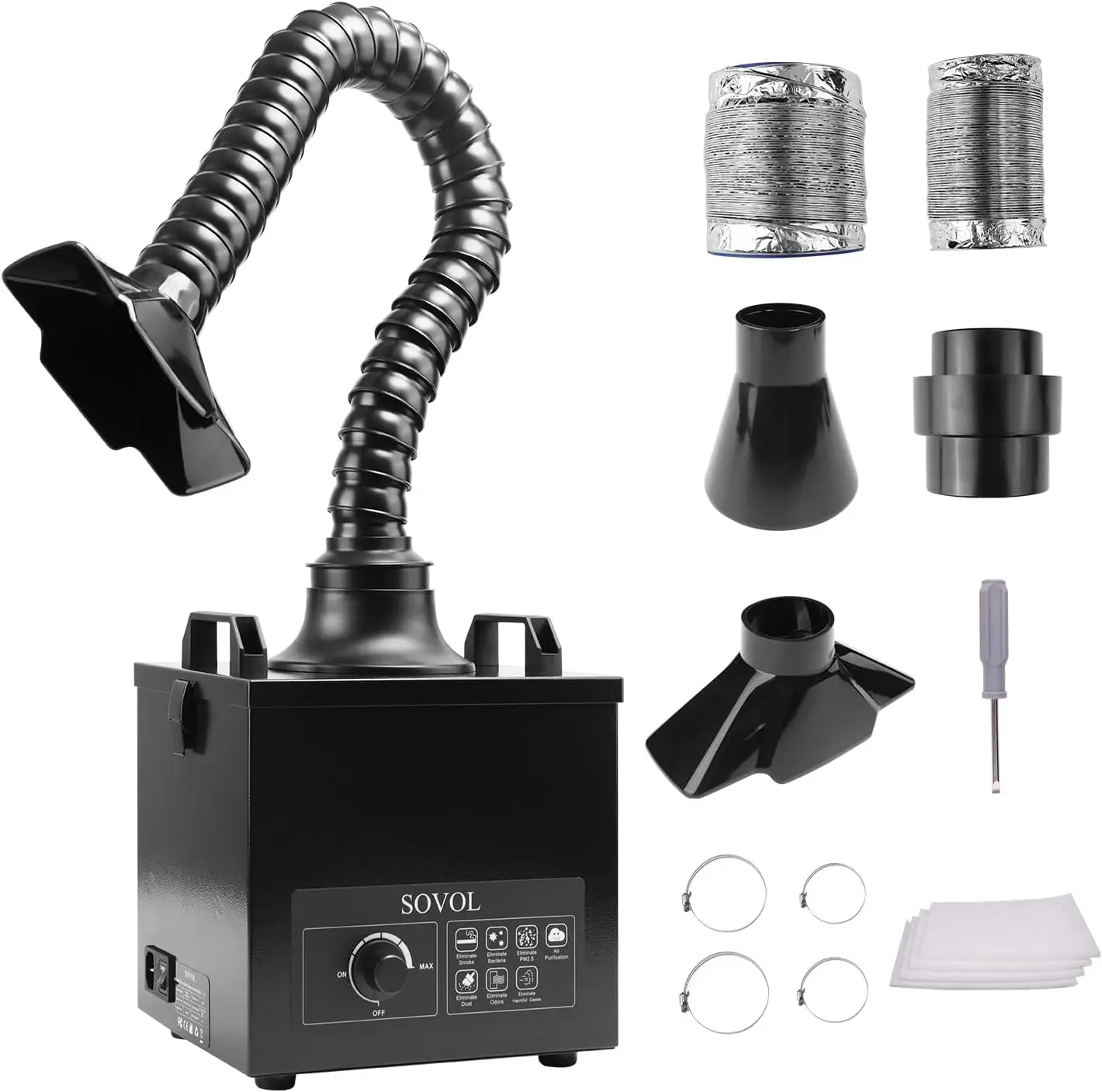 Solder Fume Extractor, 100W Suction Smoke Absorber Remover with Air Volume 200m³/h, 3-Stage Filtration, 2 shapes of Smoke Hoods