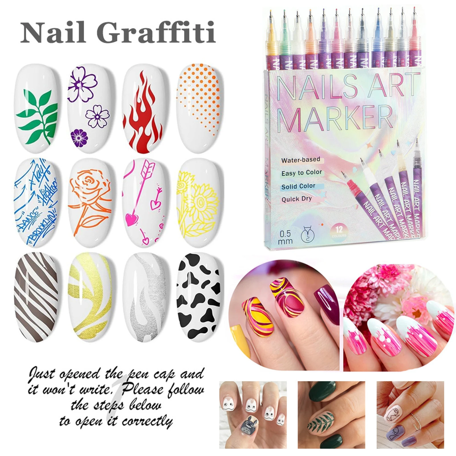 

12 Colors Nails Art Markers Waterproof Nail Art Markers Set Quick-drying for Dotting Drawing Painting Point Liner