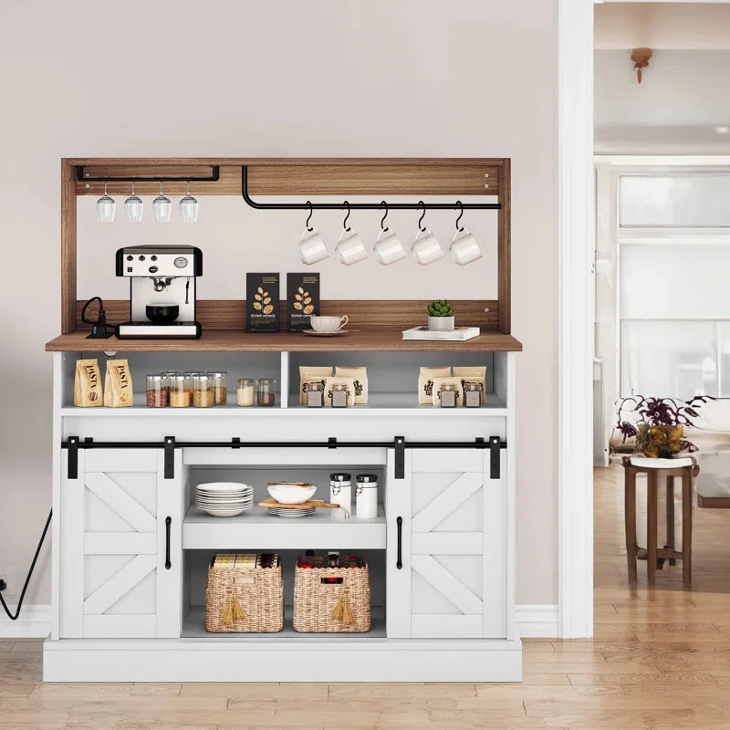 

Custom Pastoral Design Barn Sliding Door Bar Cabinet with Extra Large Storage Cabinet Open Layer Shelf