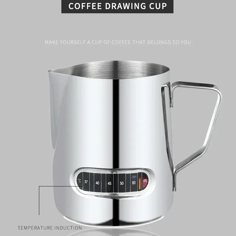 

500ml coffee flower cylinder with thermometer to show milk foam cup stainless steel temperature-sensitive flower cup coffee tool
