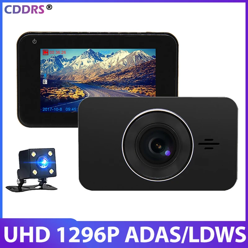 1296P Full HD Dual Lens Dash Camera 170° Wide Angle Car DVR with ADAS/LDWS Safety Alerts Parking Monitor Motion Detection