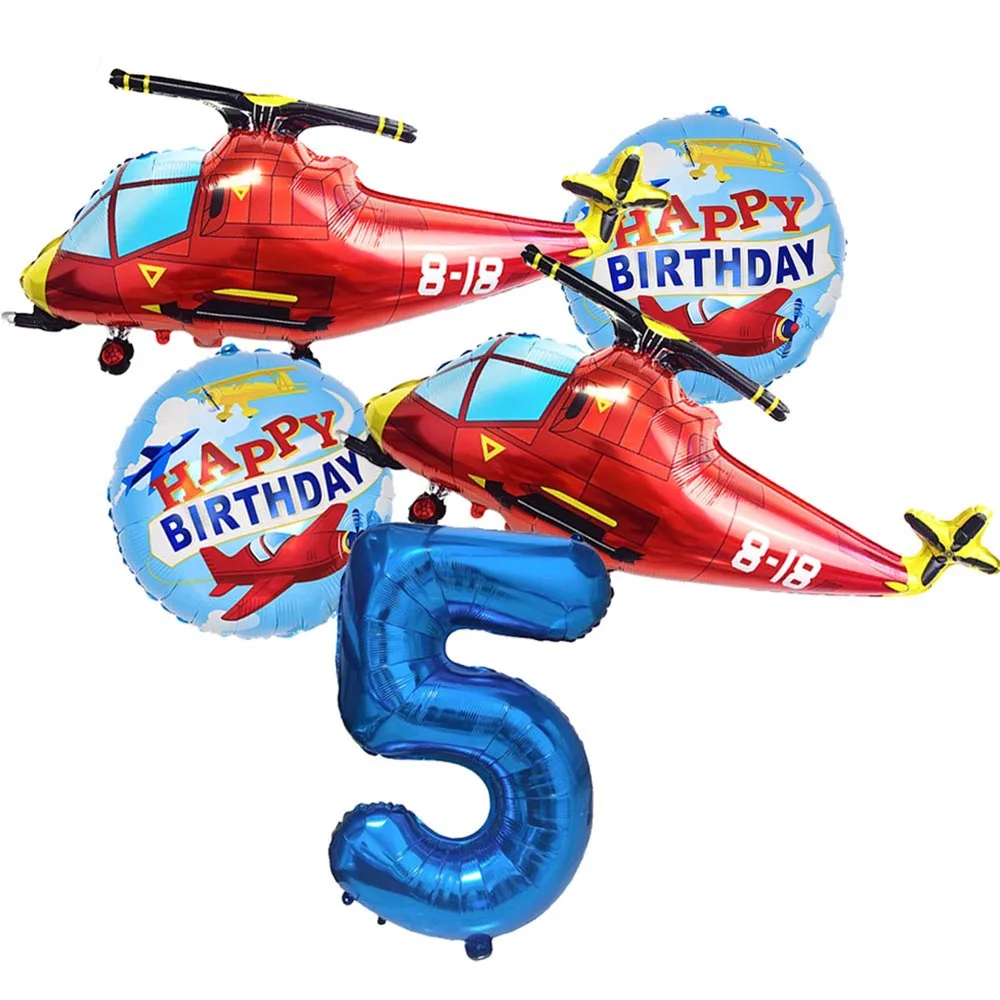 5pcs Airplane Balloons 5th Birthday Decor for Kids Red Blue Fighter Aviator Aircraft Foil Balloons for Airplane Birthday Decors