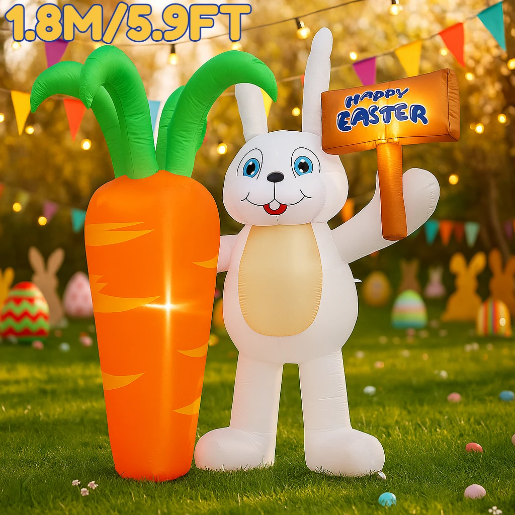 1.8M/5.9FT Inflatable Model Easter Holiday Festival Rabbit Sign Holding Carrot DIY Ornament Outdoor Garden Yard LED Light Decor