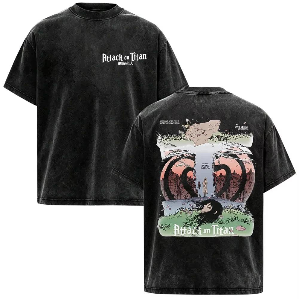Anime Attack on Titan Vintage Washed Cotton Manga Graphic Print T-shirt Women Men O-neck Cotton Oversized Top Summer New Tee