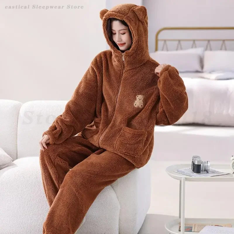 Winter Hooded Zipper Top&Trouser Pijamas Suit with Pocket Loose Thick Flannel Sleepwear Sweet Coral Fleece Pajamas Set Home Wear