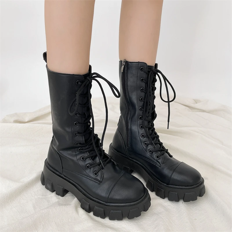 Women's Winter Boots Black Leather Boots Gothic Shoes Women Punk Mid Calf Boots Platform Women Motorcycle Combat Boot Female