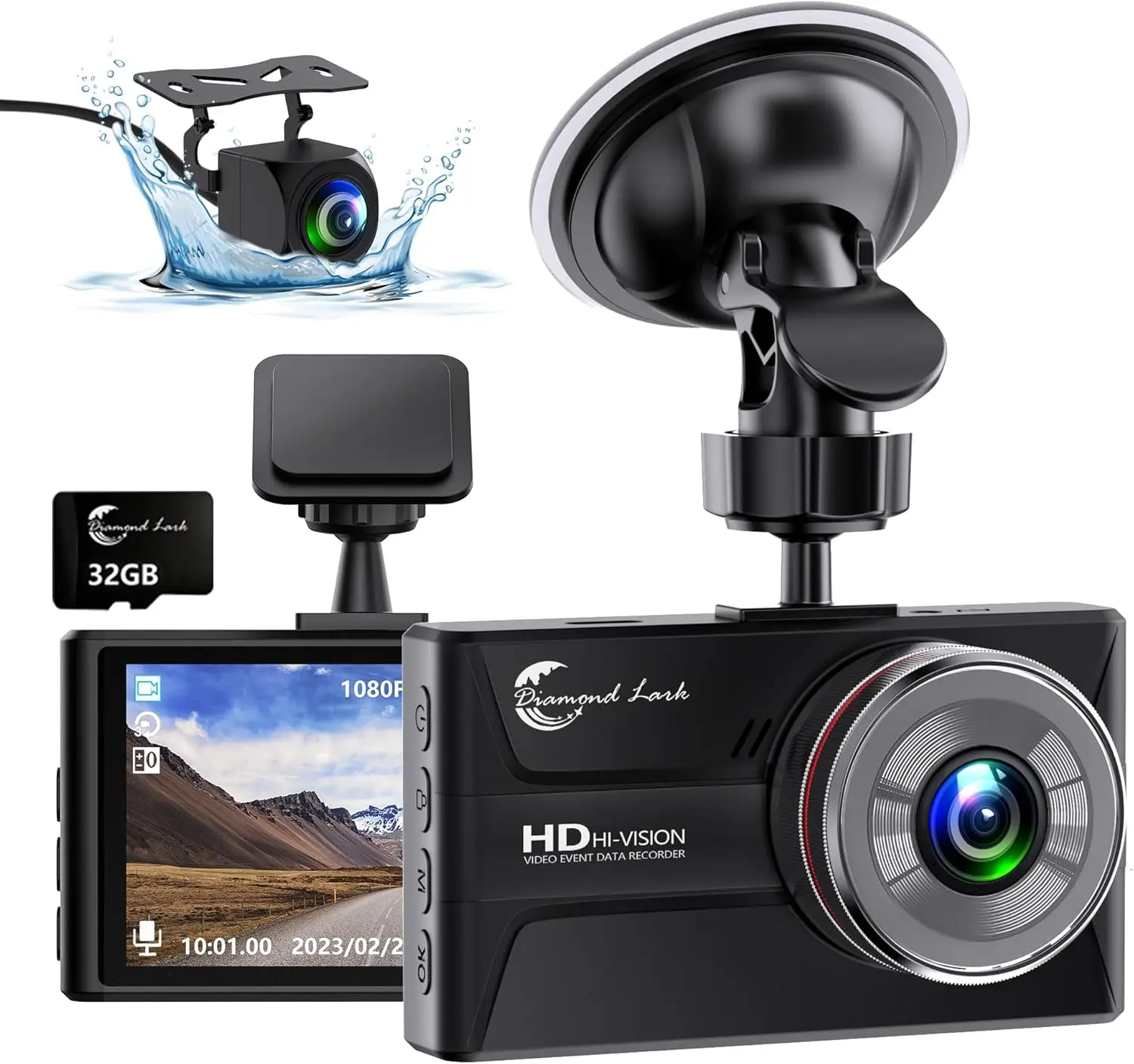 Dashcam Ganda 1080P dengan SD 32GB, LCD 3', Tipe-C, HDR, Sensor-G, Penglihatan Malam