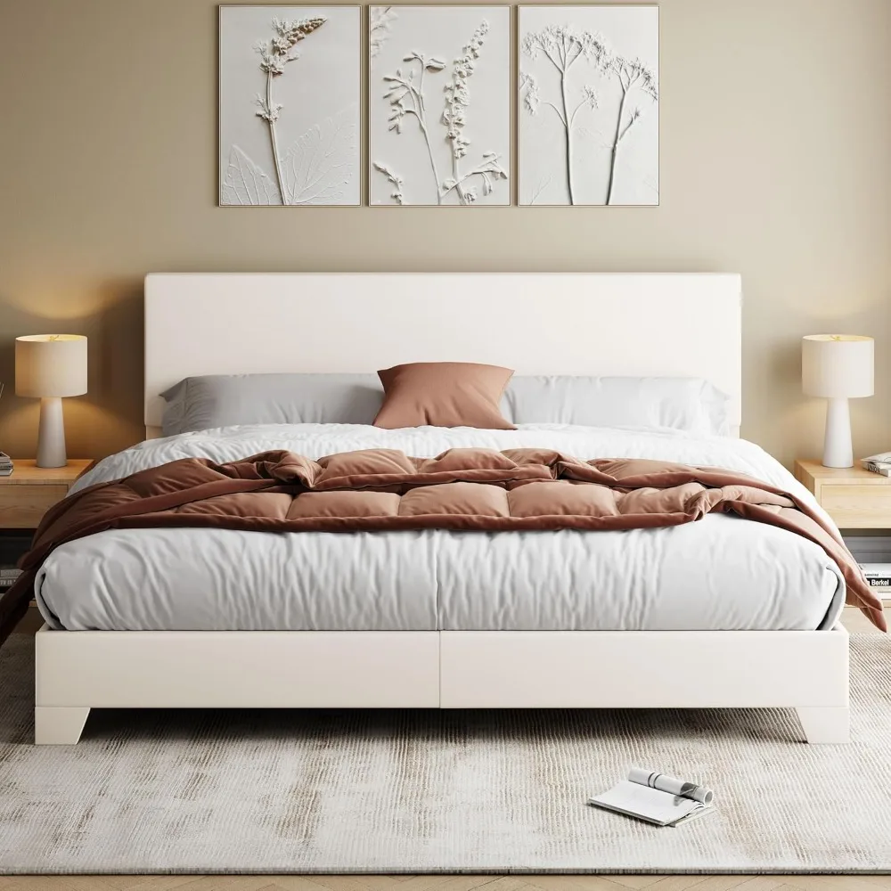 

Faux Leather Platform King Size Bed Frame with with Adjustable Headboard, No Box Spring Needed, Noise-Free, Beds Frame