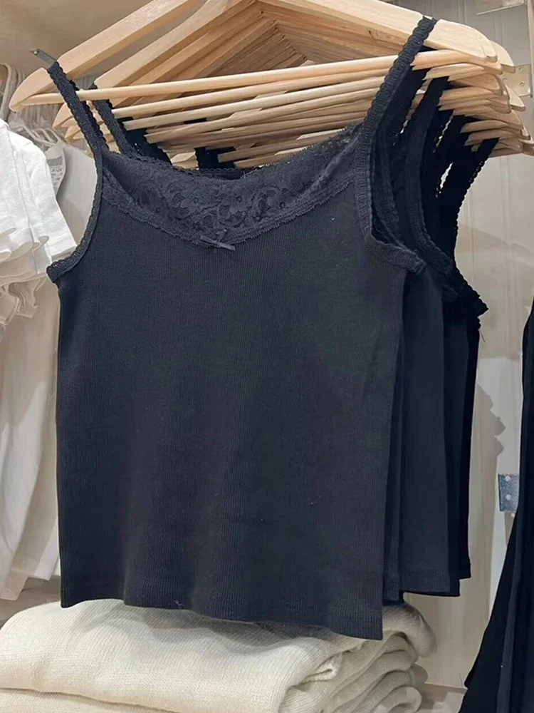 Camisetas sin mangas con lazo y ribete de encaje para mujer, Tops Vintage informales de algodón negro, Top corto ajustado Y2k para mujer 2024