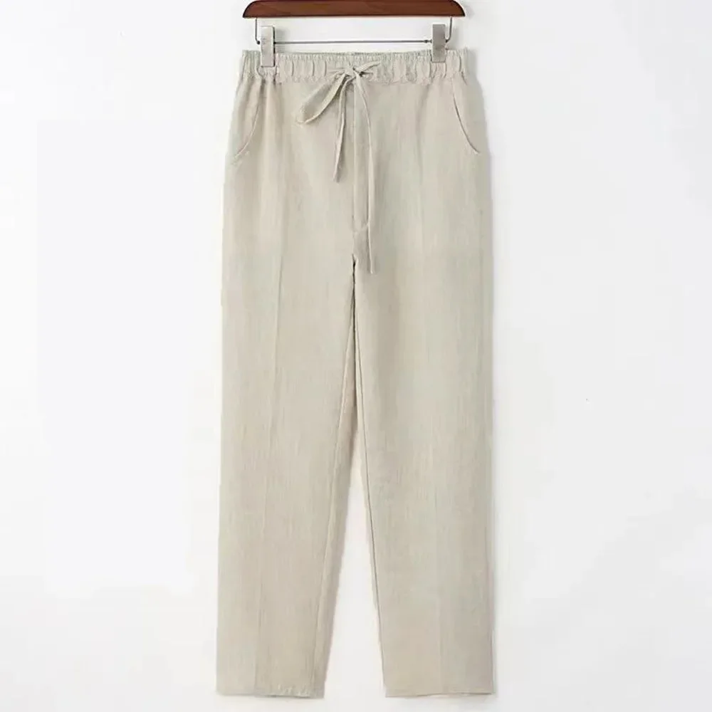 Chinese Syle Vintage Cotton Linen Pants for Men Summer Breathable Lightweight Large Size Beach Hawaiian Pants