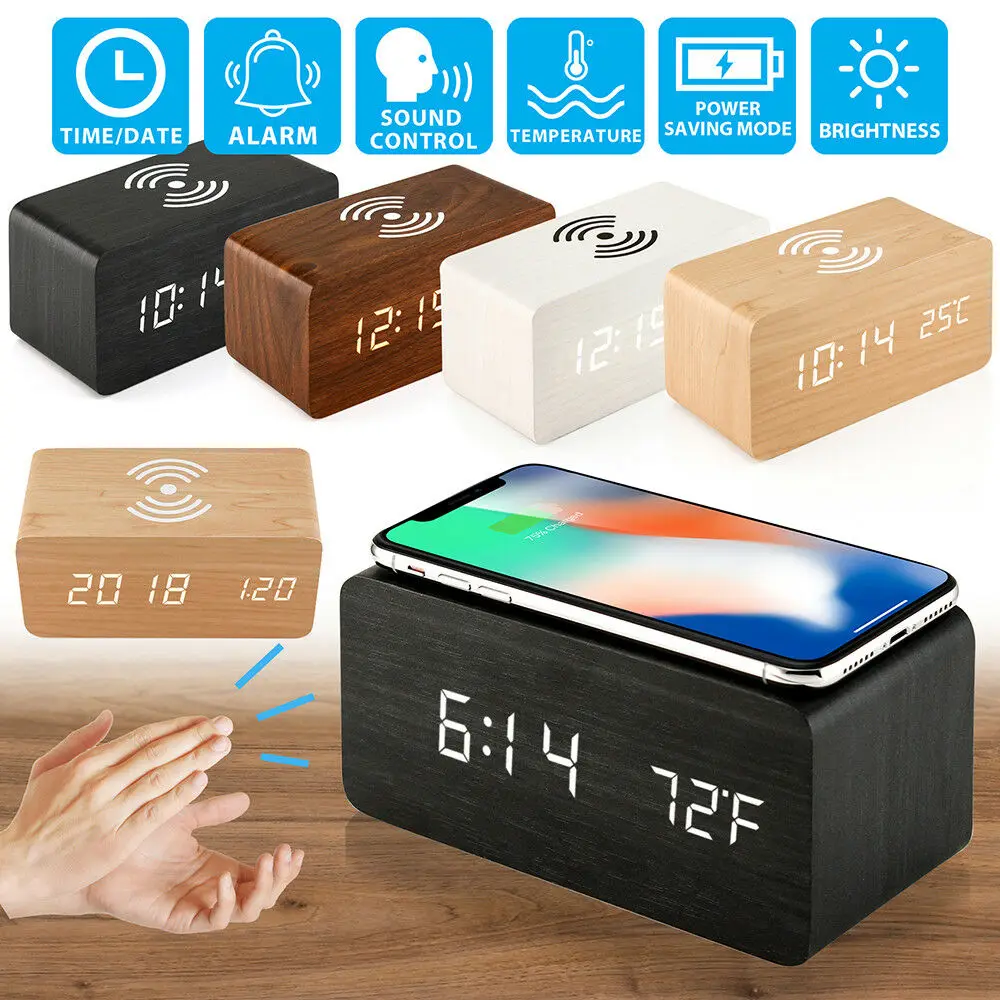 Alarm Clock With Qi Wireless Charging Pad Compatible For Iphone Samsung Wood Sound Control Function LED Digital Table Clock USB