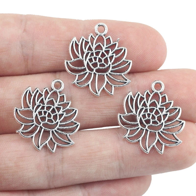 20pcs/lot 20*22 mm  Flower Charm Alloy Antique Silver Color Hollow Lotus Charms Necklace Pendant  For DIY Jewelry Making