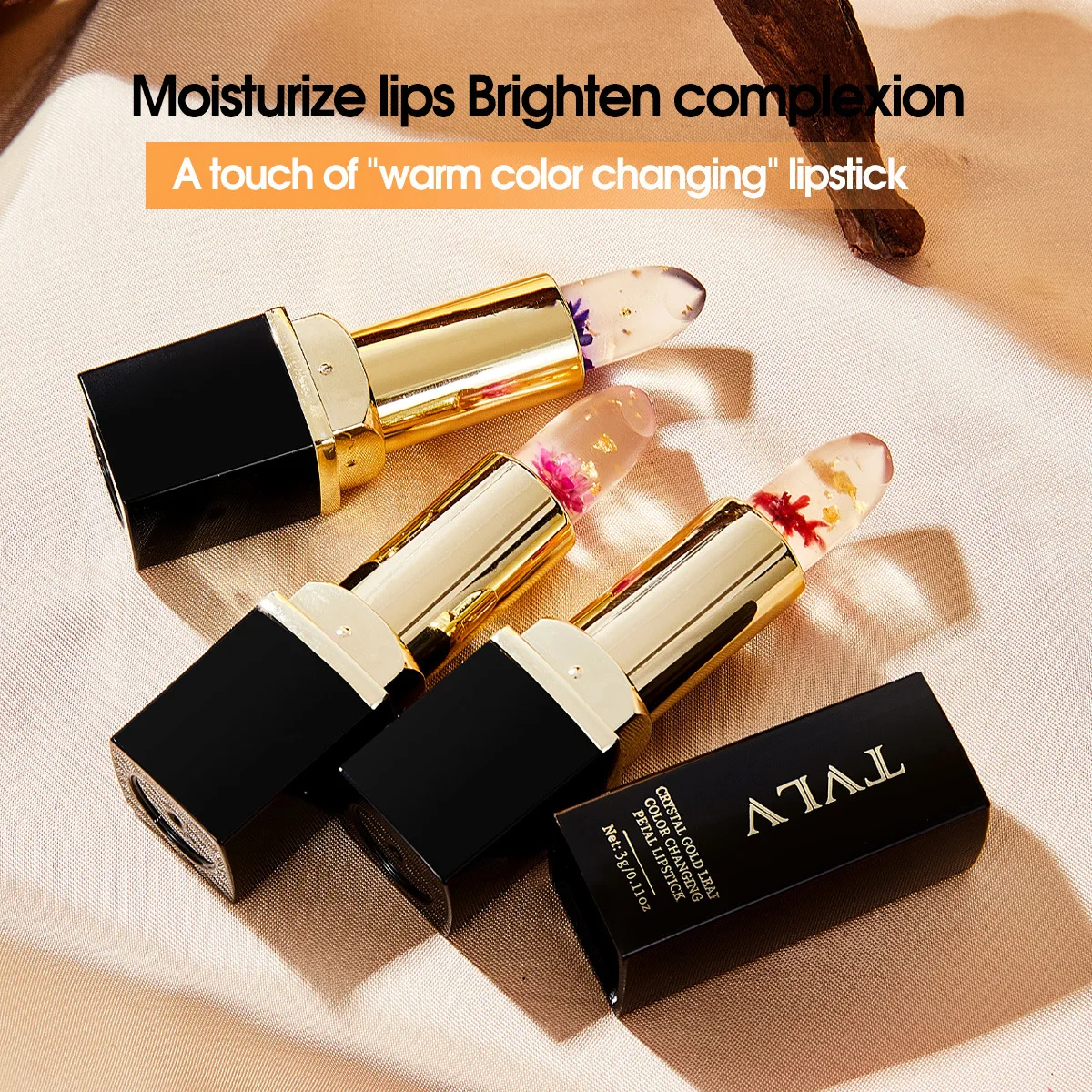 Crystal Gold Foil Veranderende Kleur Lipstick, Waterbestendig en Hydraterende Langdurige Lipbalsem