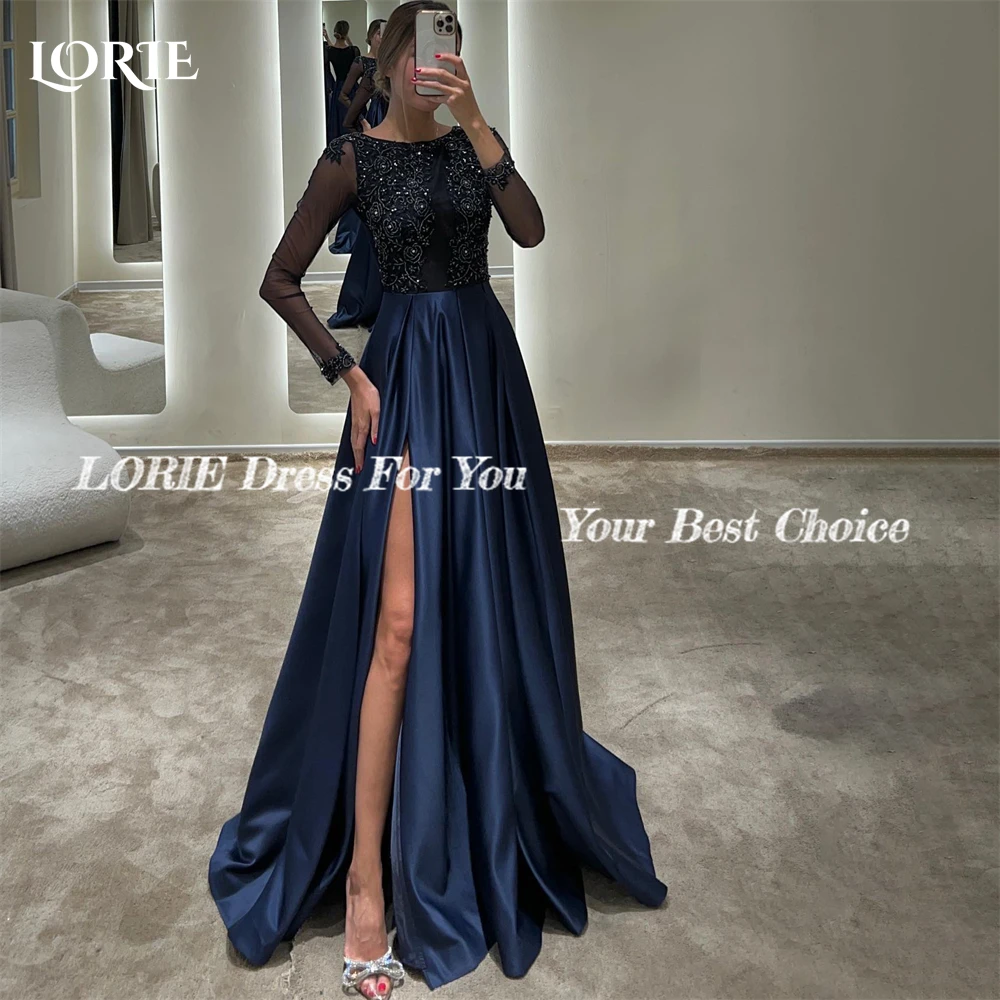 LORIE Glitter A-Line Formal Evening Dresses Lace High Side Slit Sequins Satin Prom Dress For Wedding Long Pageant Party Gowns