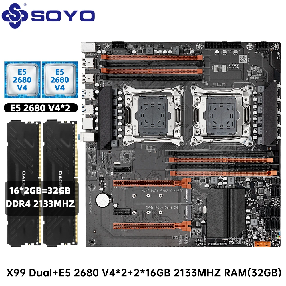 SOYO X99 Dual CPU Gaming Motherboard Set lntel Xeon E5 2680 V4&DDR4 32GB (2*16GB) LGA2011-3 M.2 NVME for Server Computer Host