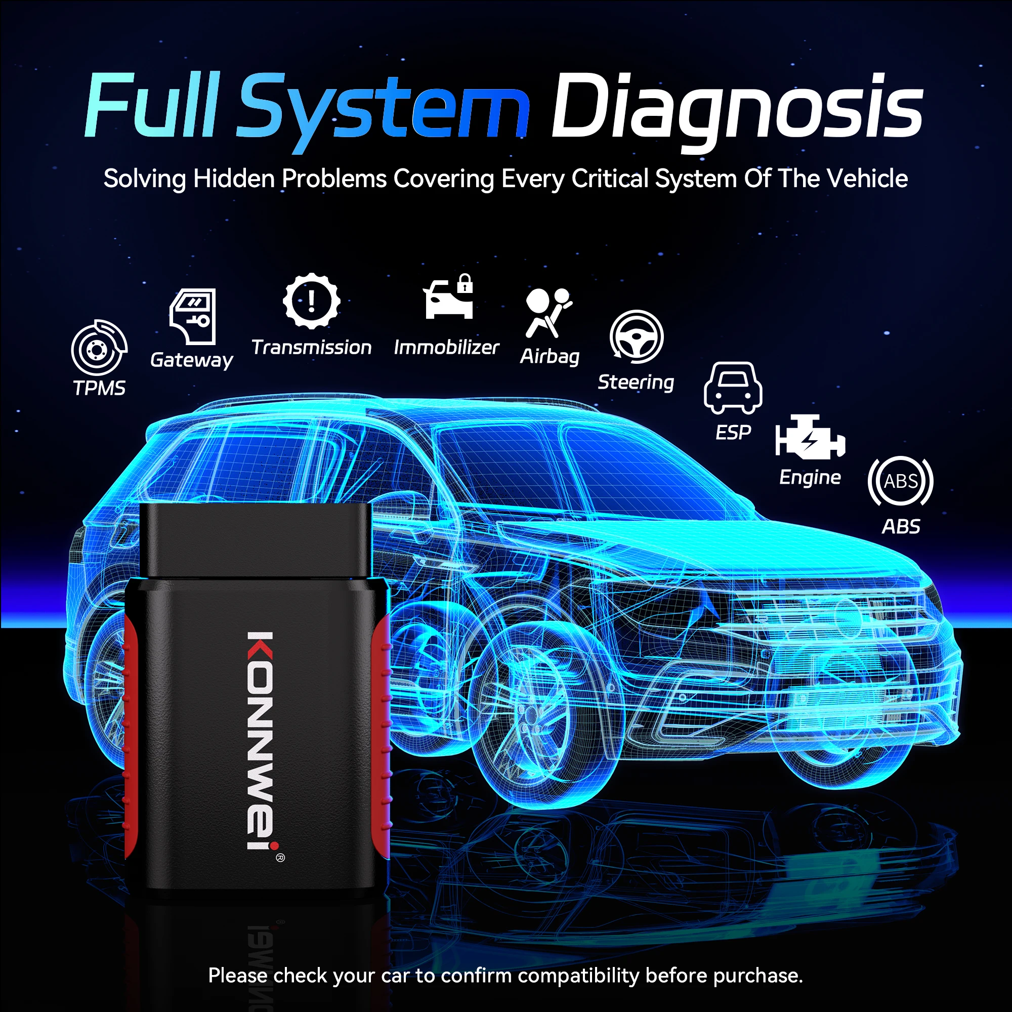 KONNWEI KDIAG Full System OBD2 Scanner Bluetooth Car Diagnostic Scan Tool ABS SRS Transmission Engine Fault Code Reader