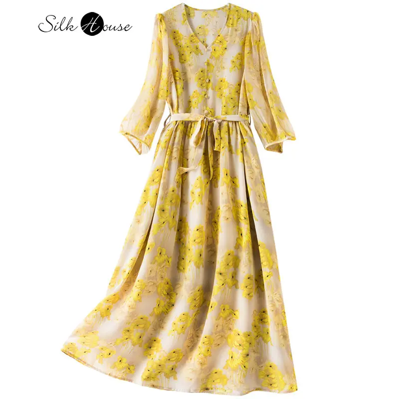 

Women's Summer New V-Neck Bubble Sleeves Loose Silk A-line Silkworm Fragmented Flower Waist Mid Length Dress