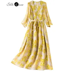 Women's Summer New V-Neck Bubble Sleeves Loose Silk A-line Silkworm Fragmented Flower Waist Mid Length Dress