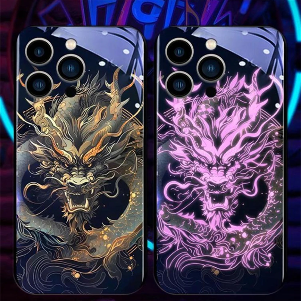 Aggressive Black Dragon Luminous Phone Case LED Light Glass Shockproof Cover For iPhone Air 17 16 15 14 13 12 11 Pro Max Plus