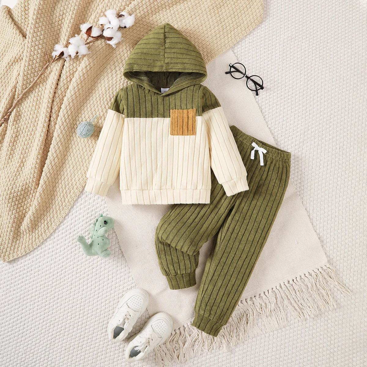 2Pcs Baby Boy Hooded Outfit Set Autumn Color Block Ribbed Long Sleeve Top + Drawstring Pants For1-5Y Kids Toddler Clothing