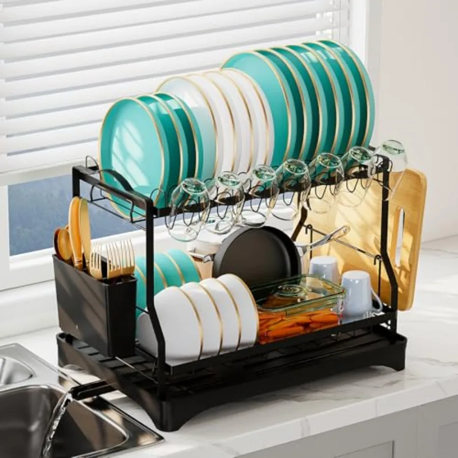 

Large Dish Drying Rack SpaceSaving for Kitchen Counter ToolFree Assembly 2Tier Stainless Steel Dish Drainer Organizer with Uten