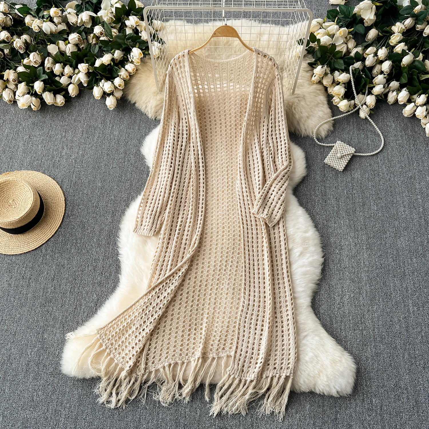 2025 Spring Autumn Bohemian Vacation Mid-Length Knitted Cardigan Shawl Women's Seaside Sunscreen Hollow Knitted Tassel Jacket