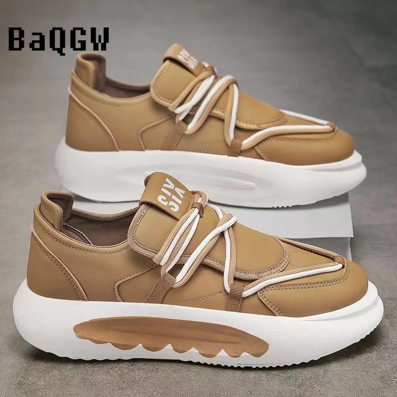 Autum New Leather Men Chunky Sneaker Designer Casual Running Shoes Fashion Street Wear Microfiber Leather Slip on Workout Shoes