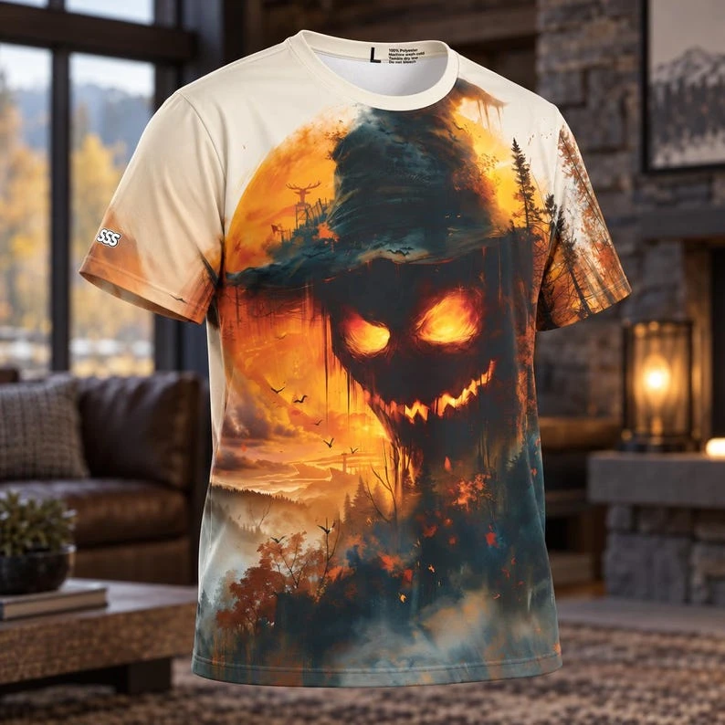 2026 New Halloween Gothic Haunted Scarecrow Pumpkin Skull Forest Men Women Kids Summer Short Sleeve Street Casual Tees Tops