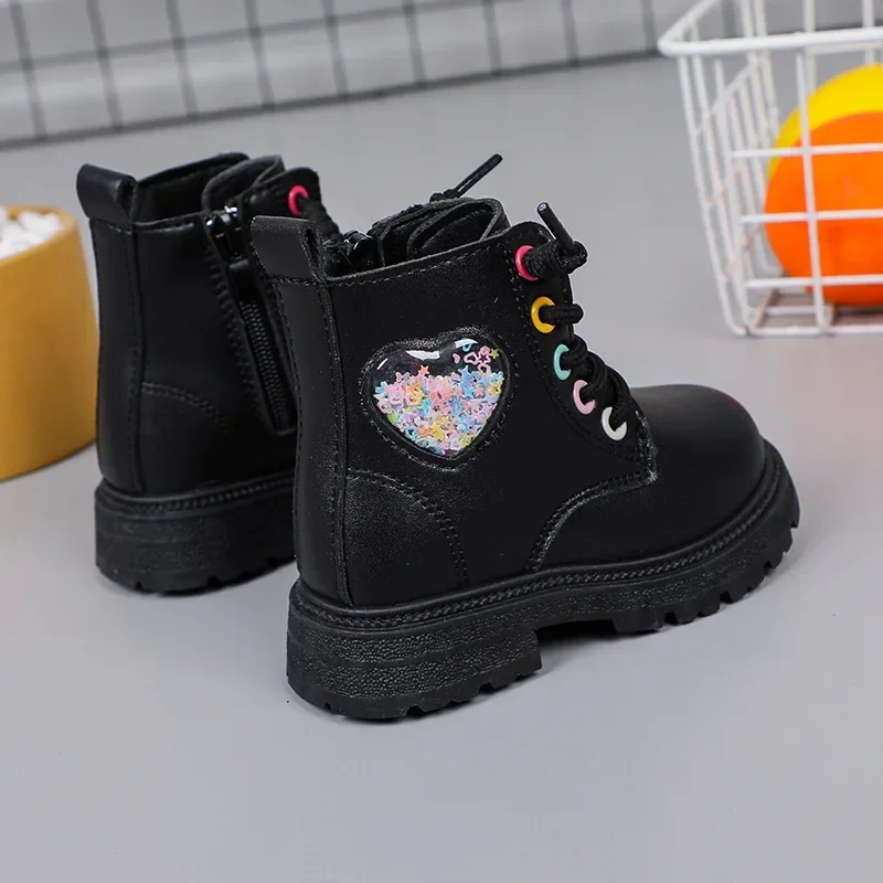 Girls Boots Autumn Winter 2024 New Fashion Versatile Kids Ankle Boots School Korean Style Children's Boots Non-slip Heart Love