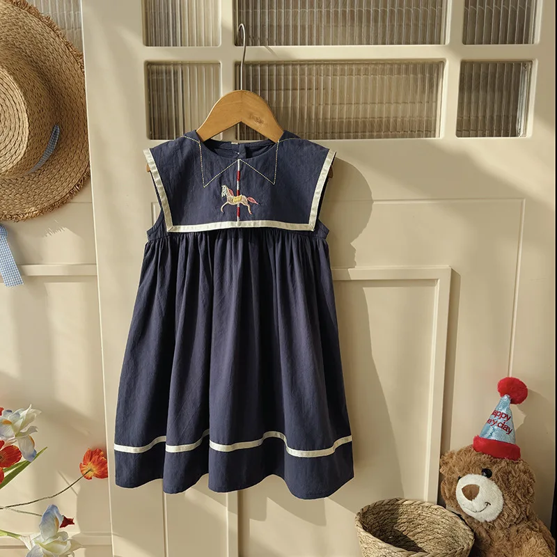 

Kids Clothes Naval Embroidered Wood Horse Spur Girls Dress Cotton Sleeveless School Collar Summer 2026 Children Skirt for Girls