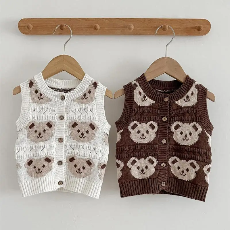 2026 Autumn New Baby Sleeveless Knitted Vest Boys Casual Sweater Coat Cotton Girls Cartoon Bear Vest Cardigan Infant Clothes